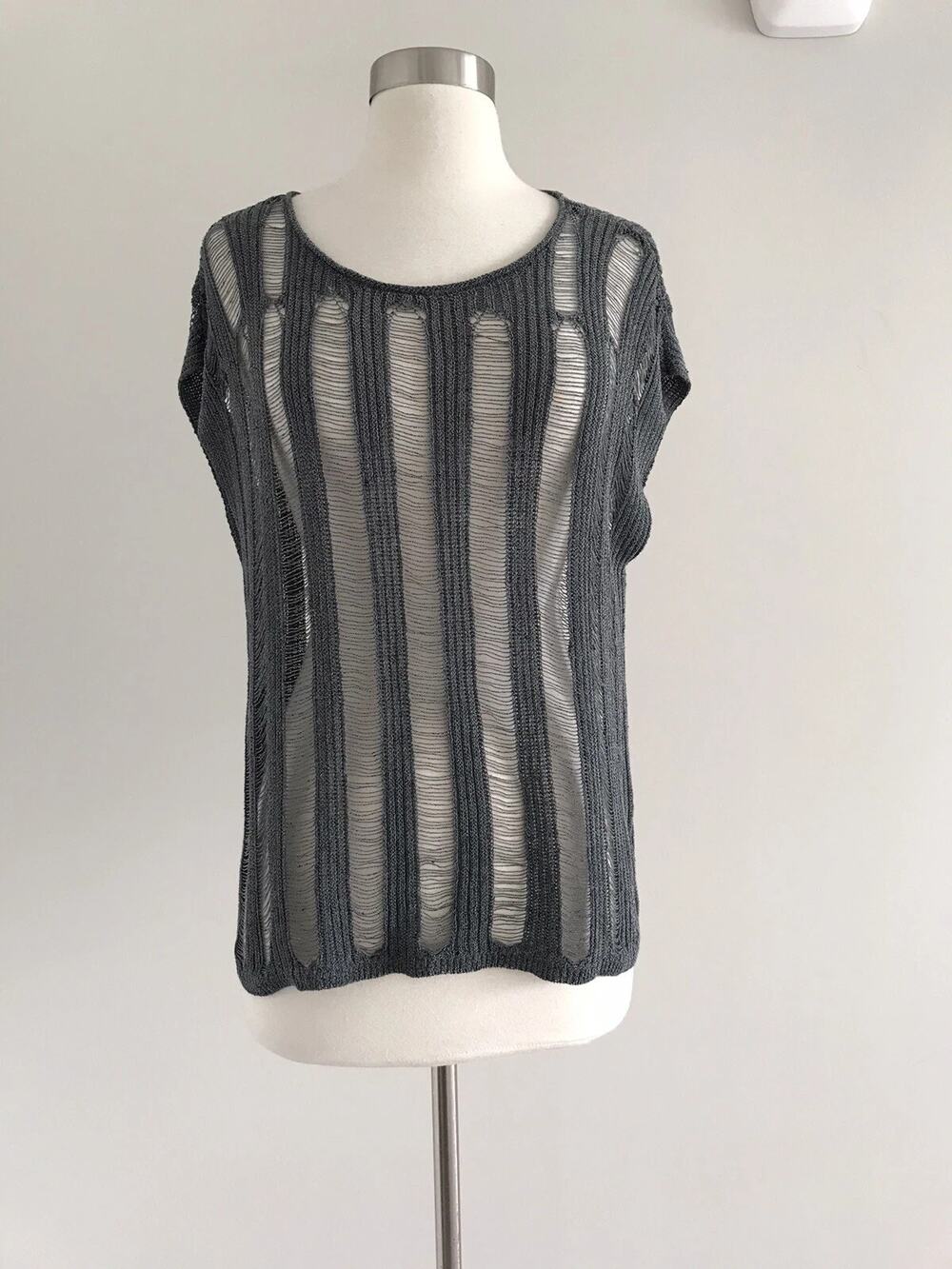 Eileen Fisher Shredded Knit Tank Top Womens Size XL Charcoal Gray Open Weave